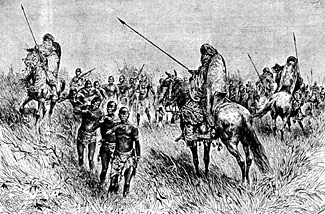 gravure de la fin du XIXème siècle représentant des guerriers mossi venant de capturer des esclaves