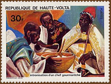 timbre de l'époque de la Haute-Volta représentant l'intronisation d'un chef gourmantché