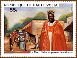 timbre de l'époque de la Haute-Volta représentant le Moro Naba, empereur des Mossi, avec son cheval